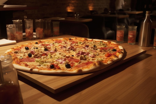 Una pizza en una mesa con vasos de cerveza y una pizza encima.