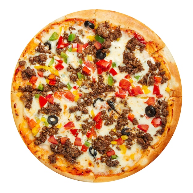 Pizza mexicana isolada com carne picada e azeitonas