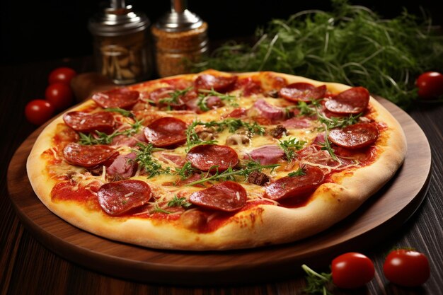 Foto pizza mista com salsicha de pepperoni, peru e ervas