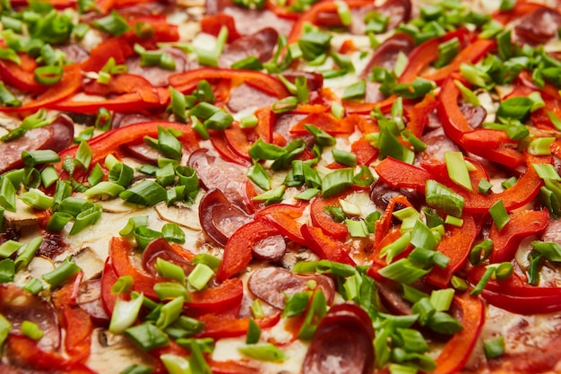 Pizza mit einer großen Anzahl von Belägen: Jagdwürste, Zwiebeln, Käse und Paprika