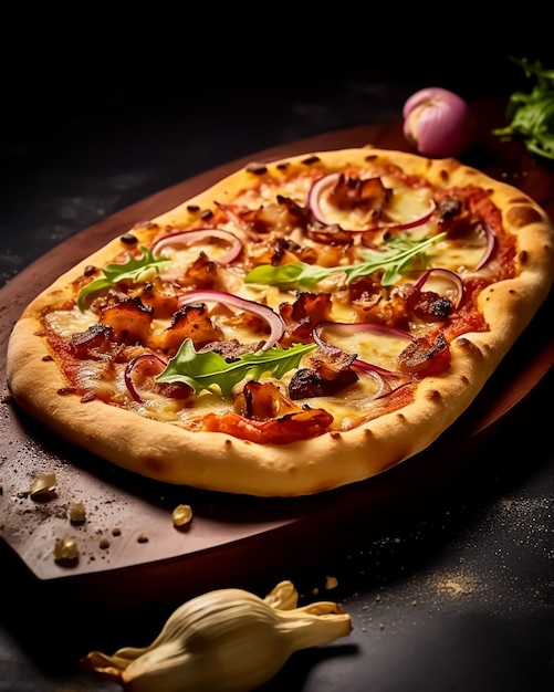 Pizza mit einer Scheibe Tomatensauce und Speck auf einem Holzbrett
