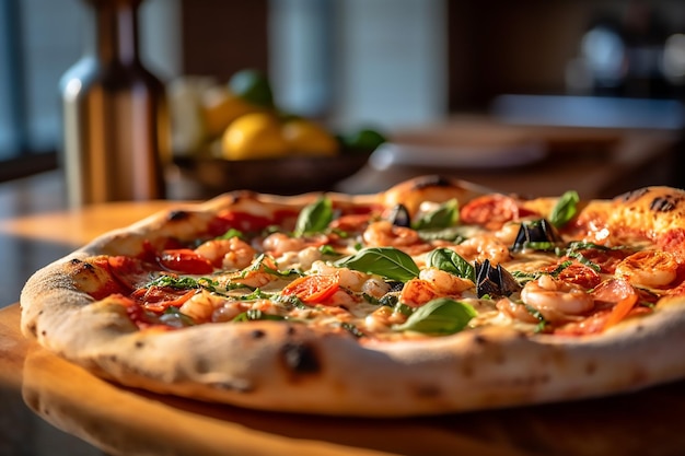 Pizza mit Garnelen darauf auf einem Holztisch