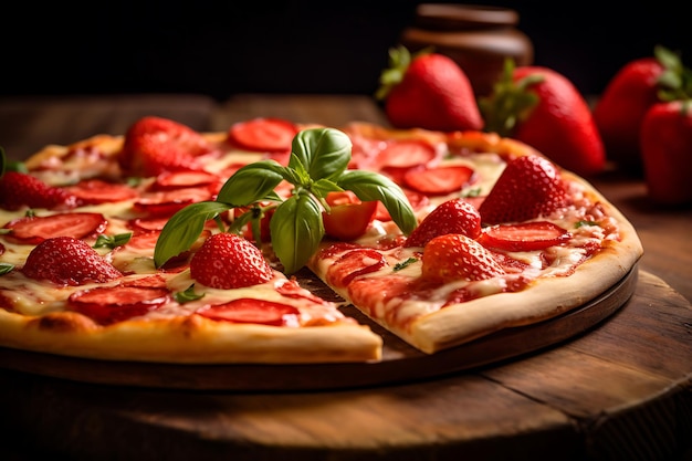 Pizza mit geschnittenen Erdbeeren