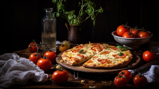 Pizza mit Käse, Tomaten und anderen Zutaten auf dem Küchentisch