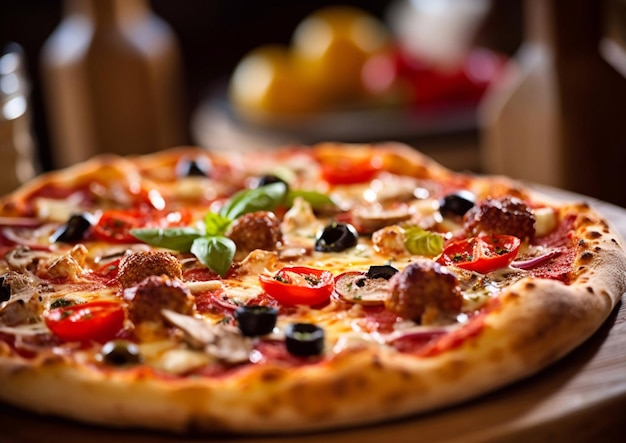 Foto pizza mit meeat und mozzarella und soße auf dem restauranttischai generativ