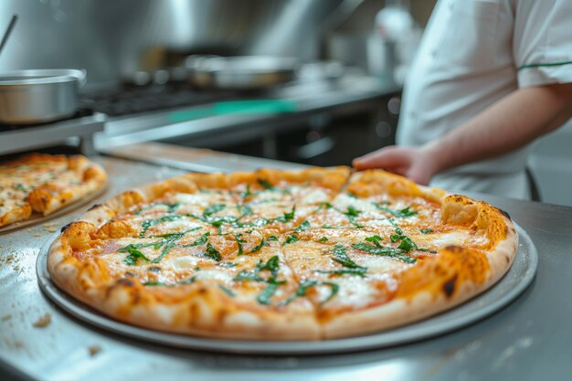 Pizza mit Mozzarella-Käse und Kräutern in der Küche eines Restaurants