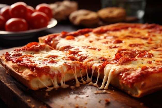 Pizza mit Mozzarella-Käse und Tomaten auf einem Holztisch