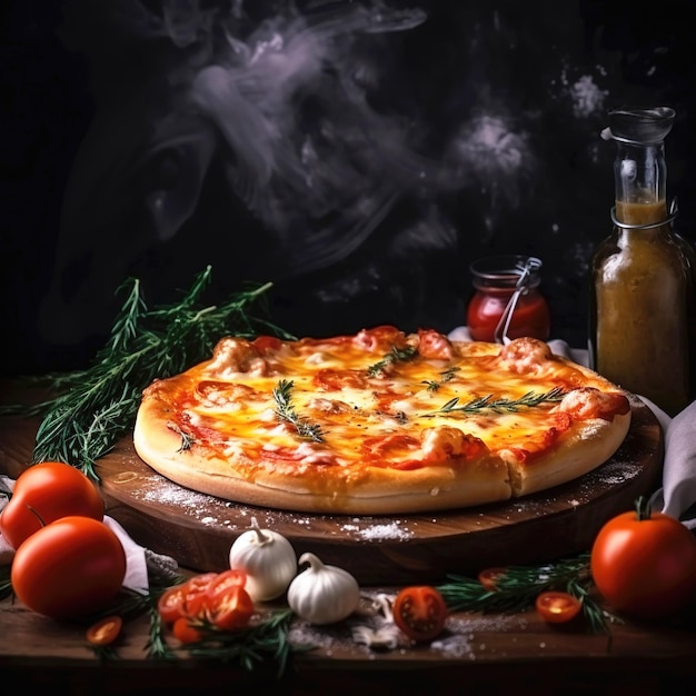 Pizza mit Mozzarella-Tomaten und Basilikum auf Holzhintergrund Generative AI