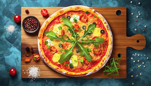 Pizza mit Mozzarella-Tomaten und Rucola auf Holzbrett