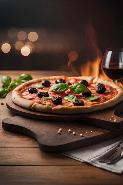 Pizza mit Oliven auf einem Holzbrett mit einem Glas Wein