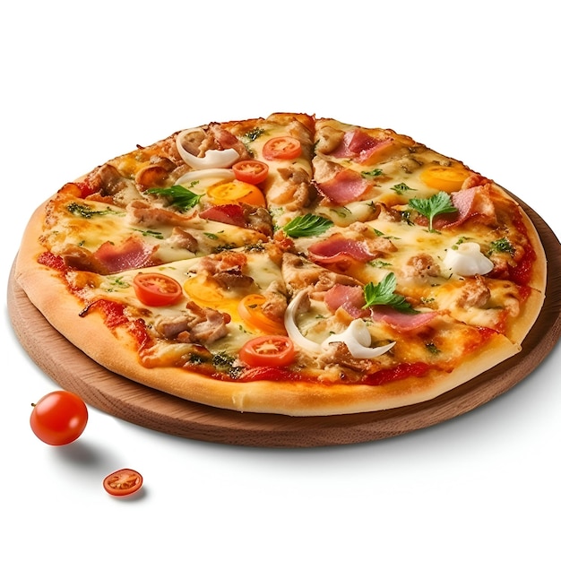 Pizza mit Schinken, Mozzarella und Tomaten isoliert auf weißem Hintergrund