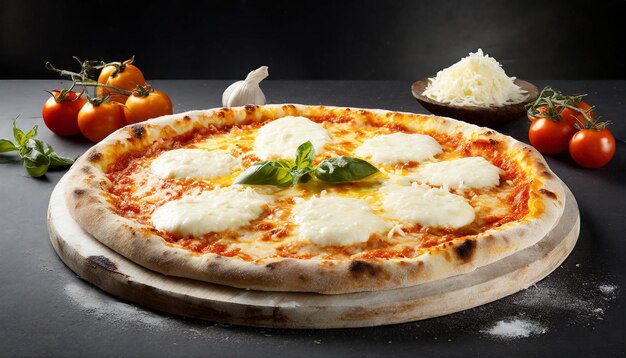 Pizza mit Schinken und Mozzarella-Käse auf schwarzem Hintergrund