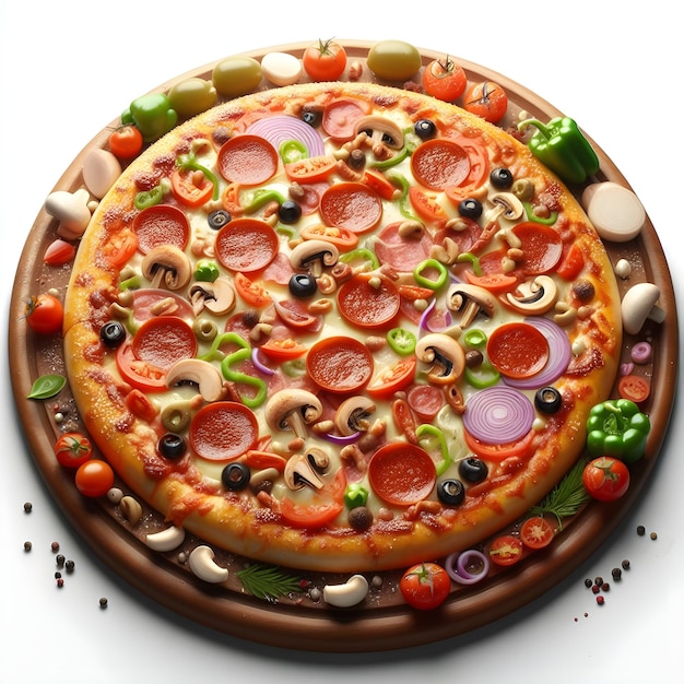 Pizza mit Tomaten, Salami und Oliven