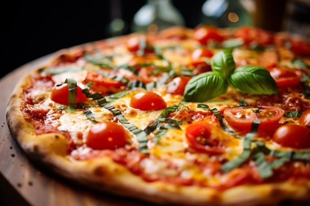 Pizza mit Tomaten und Basilikum auf einem Holzbrett auf einem Tisch generativ ai