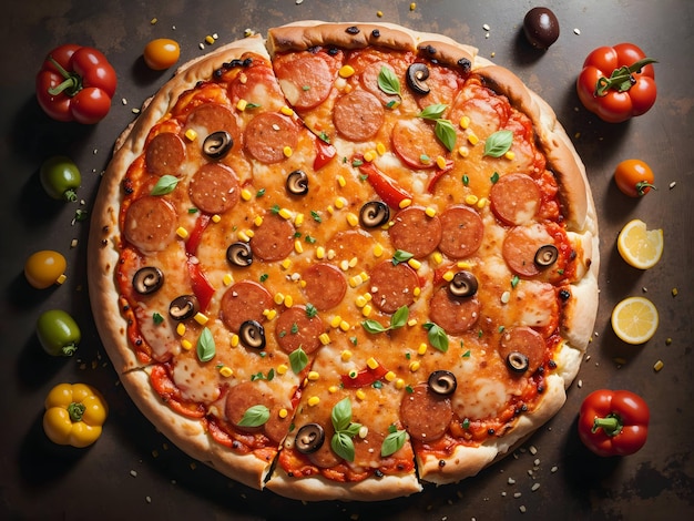 Pizza mit Tomaten und Pilzen