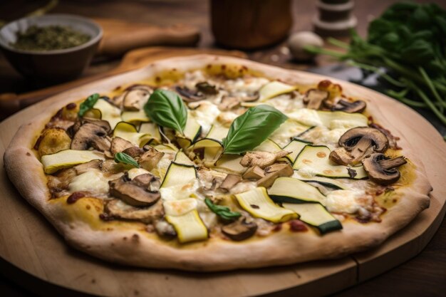 Foto pizza mit zucchini-pilzen und mozzarella-käse, hergestellt mit generativer ai