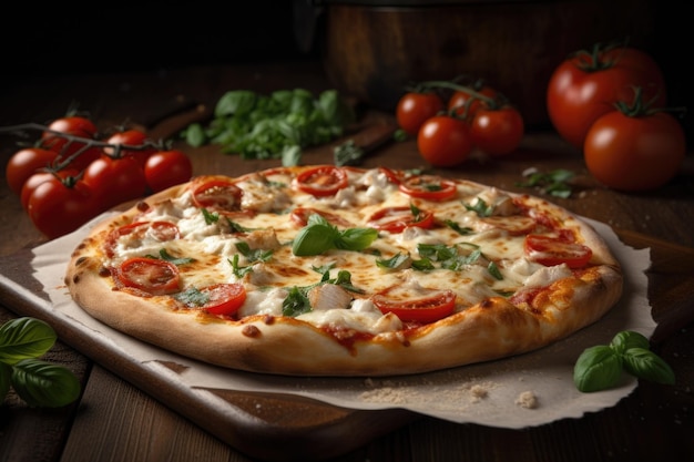 Pizza con montones de mozzarella pegajosa y tomates frescos creados con inteligencia artificial generativa