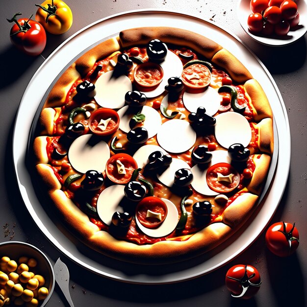 Pizza muy bien decorada en un plato