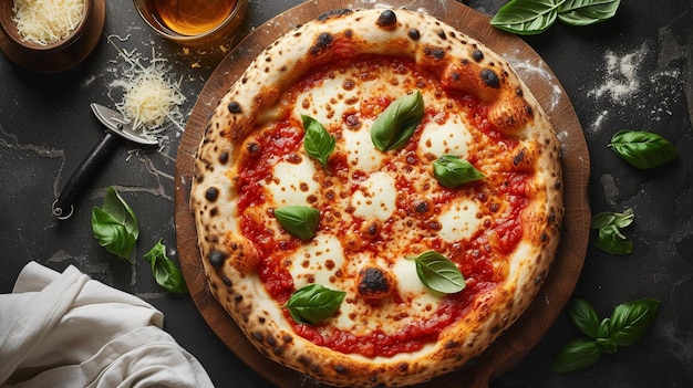 La pizza napoletana se presenta con una atención excepcional a los detalles, haciendo hincapié en la composición, el revestimiento, las guarniciones, los accesorios de fondo, la iluminación, el estilo, la paleta de colores.