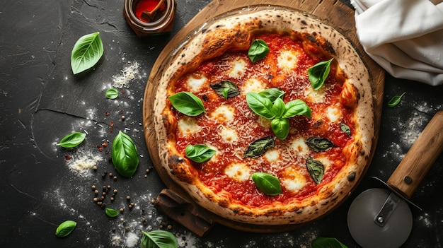 La pizza napoletana se presenta con una atención excepcional a los detalles, haciendo hincapié en la composición, el revestimiento, las guarniciones, los accesorios de fondo, la iluminación, el estilo, la paleta de colores.