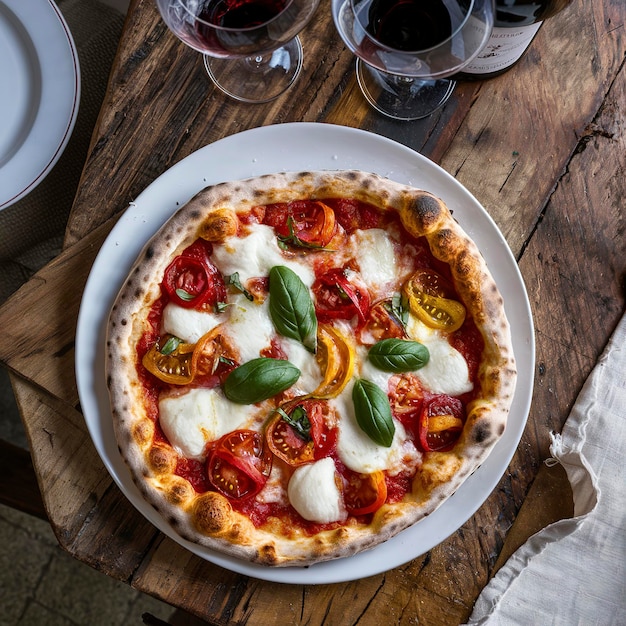 Pizza napolitana recién horneada con mozzarella y albahaca fresca en una mesa de madera servida con vino