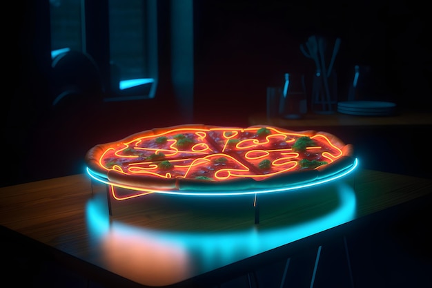 Pizza neon brilhante na arte gerada pela rede neural da mesa