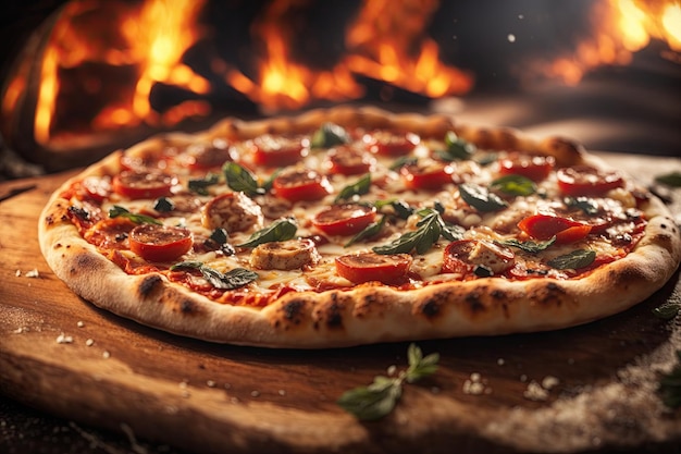 Pizza no forno de pizza tradicional com fogo a lenha Close-up de cozimento quente