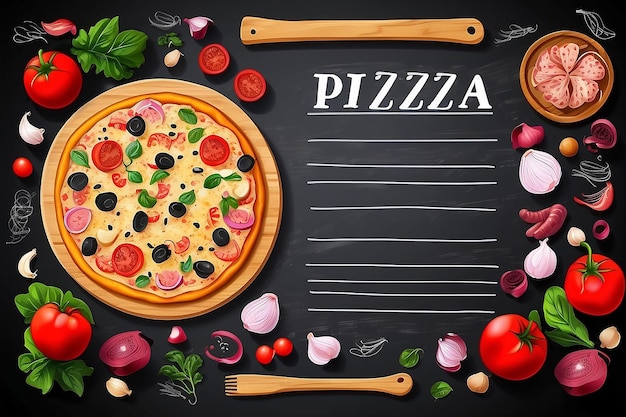 Foto pizza no quadro e os ingredientes para a pizza no quadro utilização para cartão cartaz banner web design