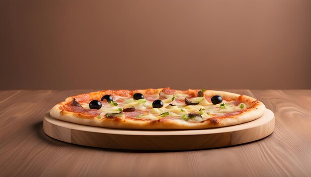 una pizza con una oliva negra en ella se sienta en una mesa de madera