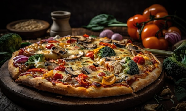 Pizza orgânica com vegetais e IA generativa de queijo