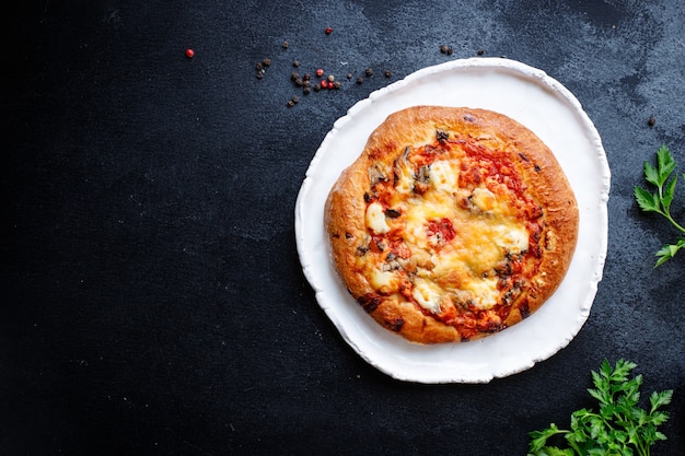 pizza pan plano comida rápida queso, salsa de tomate, tomate