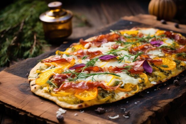 Foto pizza de pan plano con una corteza dorada en una mesa de madera rústica