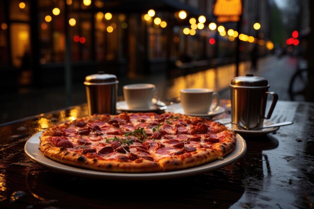 Foto una pizza de pastel de cereza en un café callejero con mesas al aire libre generativas ia