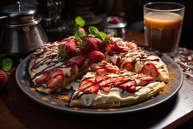 Foto una pizza de pastel de queso de fresa en un café parisiense con vitrales generativos ia