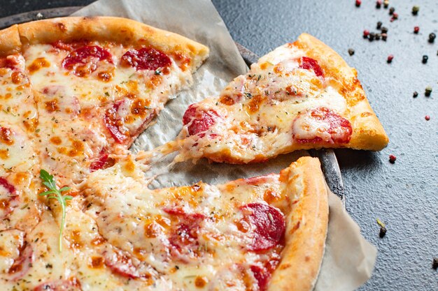 Pizza Peperoni oder Salami Fleisch Wurst und Doppelkäse Fast Food zum Mitnehmen