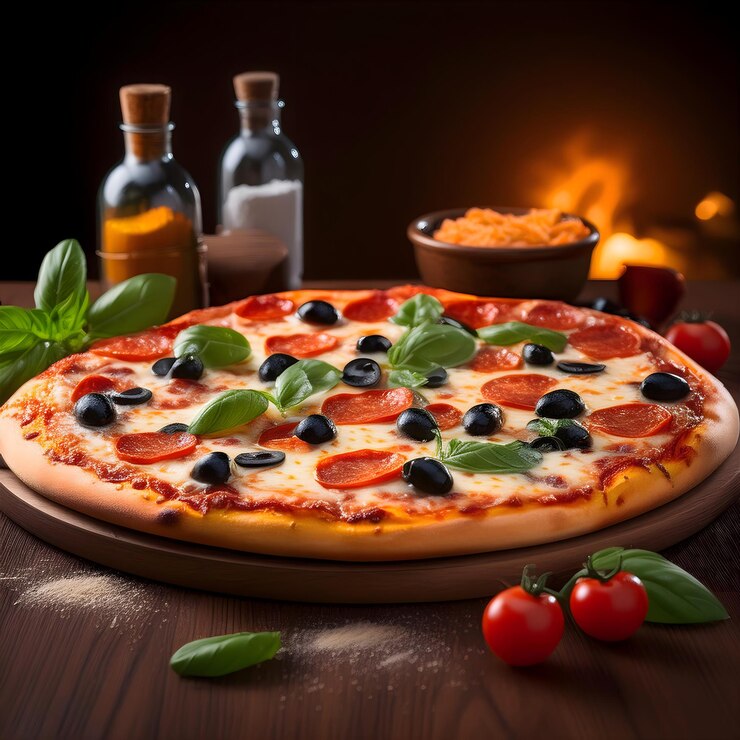 Pizza de pepperoni con aceitunas negras