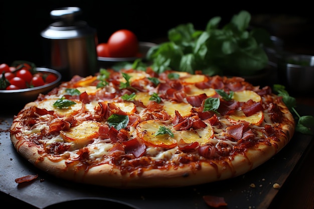 pizza de pepperoni con aceitunas en tablas de madera con recortes de queso