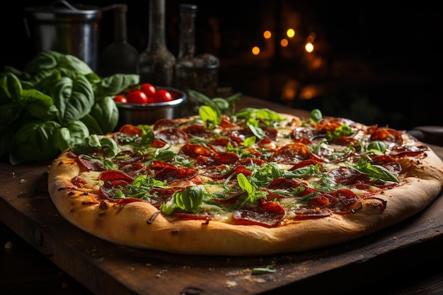 Foto una pizza con pepperoni y albahaca en él ar c