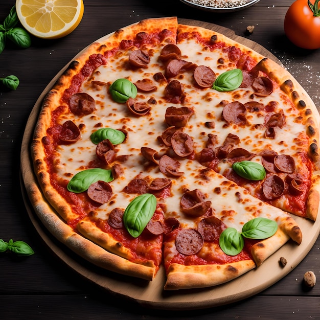 Una pizza con pepperoni y albahaca encima