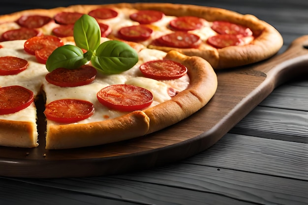 Una pizza con pepperoni y albahaca sobre una mesa de madera.