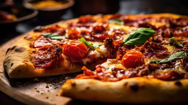 Foto una pizza con pepperoni y albahaca en una tabla de madera.