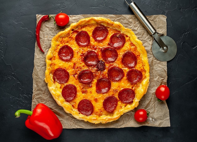 Pizza de pepperoni casera sobre un fondo de piedra