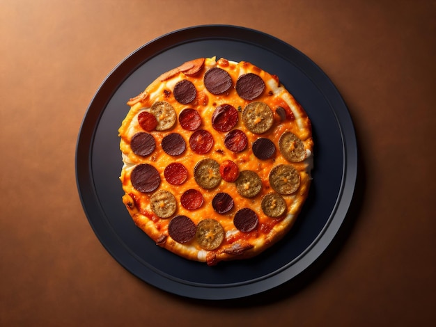 Una pizza con pepperoni está en un plato sobre una mesa marrón.