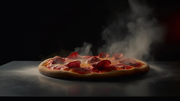 Una pizza con pepperoni está sobre un fondo negro.