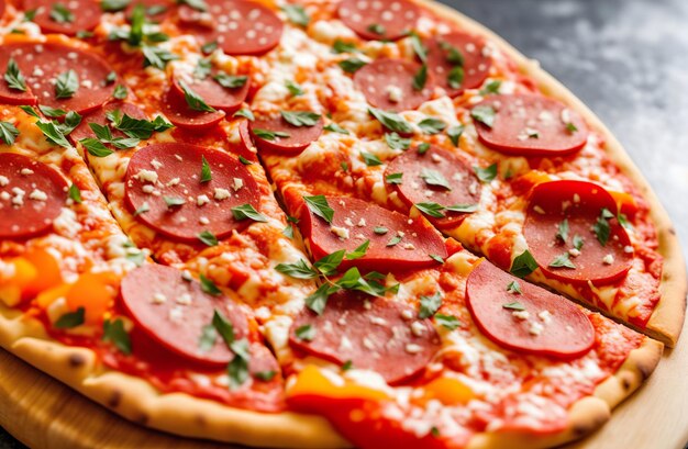 Pizza pepperoni en fondo negro pizza pepperoni caliente vista de arriba Banner IA generativa