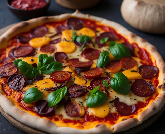 Una pizza con pepperoni y hojas de albahaca sobre una mesa azul