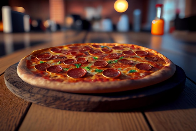Pizza de pepperoni en madera marrón Ilustración IA generativa