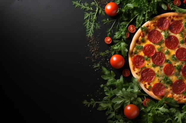 Pizza con pepperoni y otros ingredientes deliciosos Tomates con albahaca sobre un fondo de hormigón oscuro