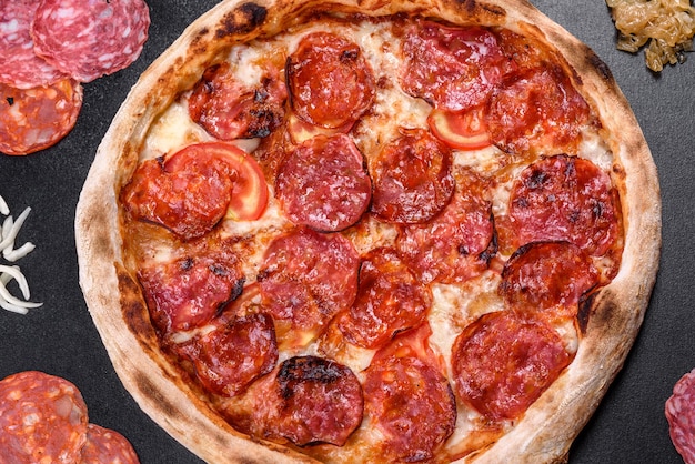 Pizza de pepperoni con salsa de pizza, queso mozzarella y pepperoni. Pizza en una mesa con ingredientes