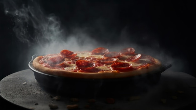 Foto una pizza con pepperoni está sobre un fondo negro.